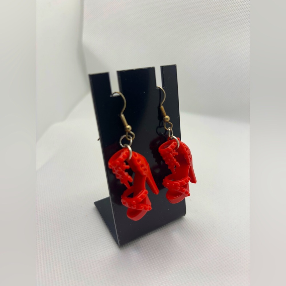 Handmade Barbiecore/Barbie red strappy high heel earrings - Picture 2 of 5